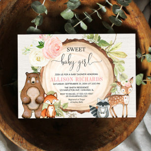 Invitation Sweet bébé fille boisée mignon animaux baby shower