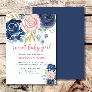Invitation Sweet bébé fille floral marine bleu baby shower ro