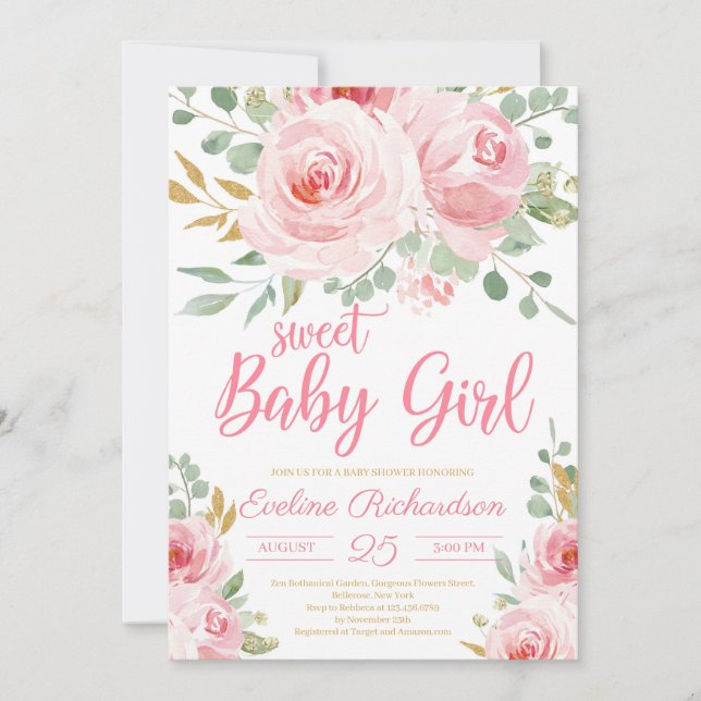 Invitation Sweet bébé fille rousse rose et baby shower d'or (Devant)