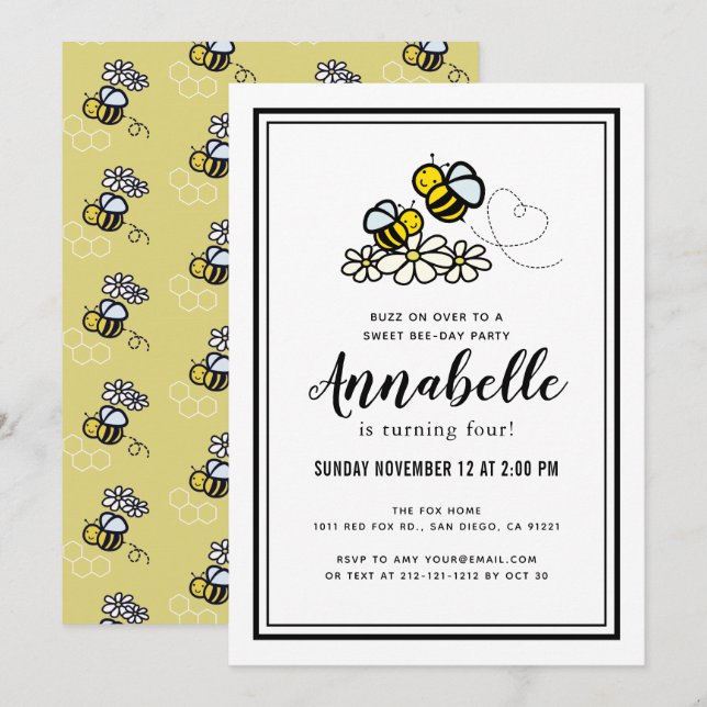 Invitation Sweet Bee Day Party Jote Floral Anniversaire (Devant / Derrière)