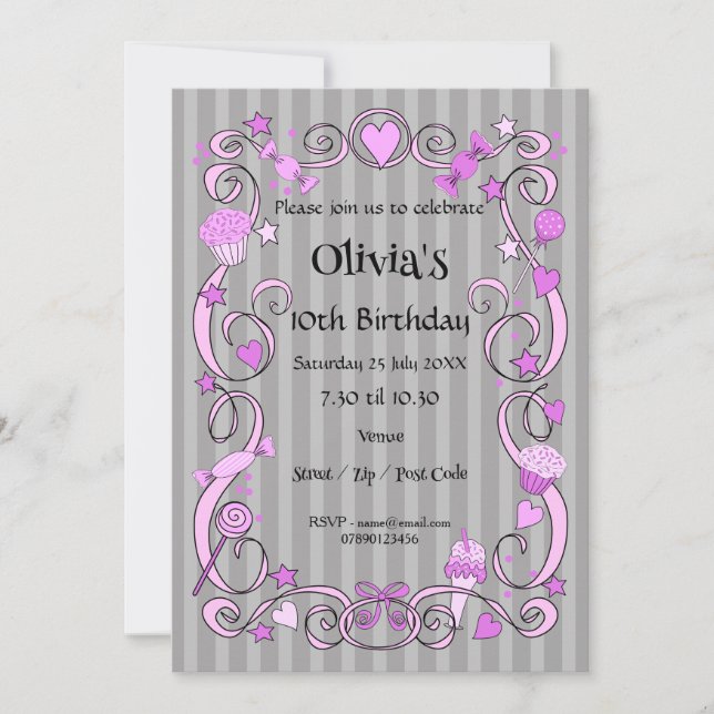Invitation Sweet Birthday Pink & Grey (Devant)