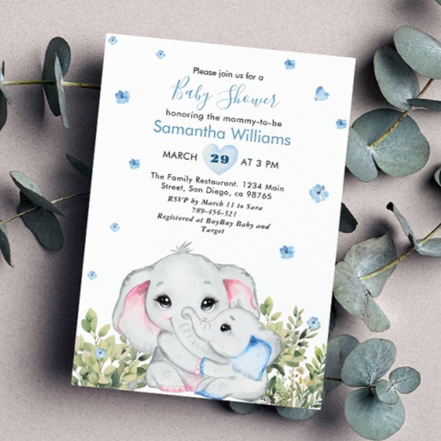 Invitation Sweet Blue maman bébé Baby shower éléphant (Créateur téléchargé)