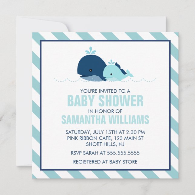 Invitation Sweet Blue Whales Boy Baby shower (Devant)
