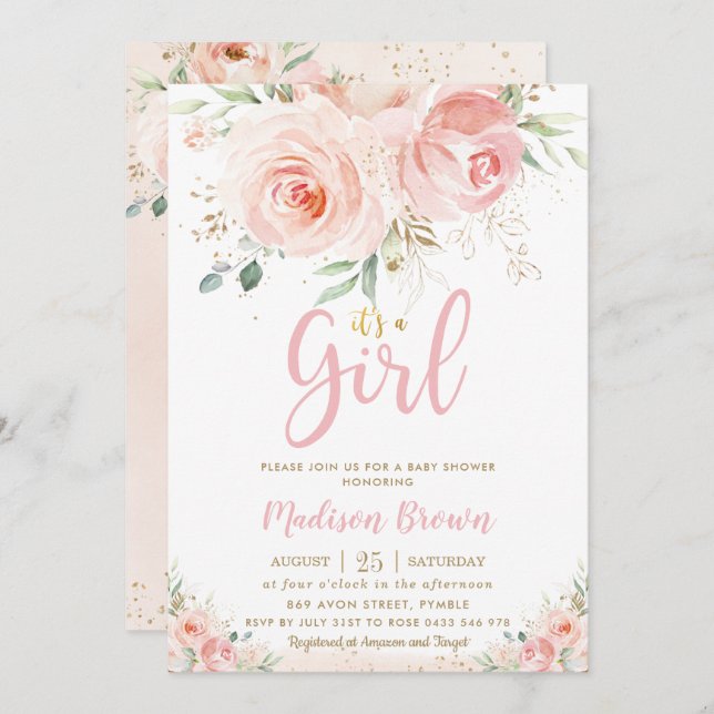 Invitation Sweet Blush rose Floral Baby shower fille or (Devant / Derrière)