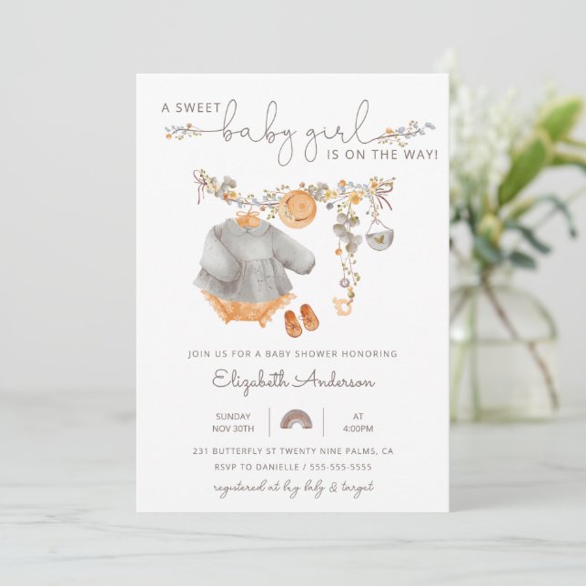 Invitation Sweet Boho Clothesline Baby shower fille (Debout devant)