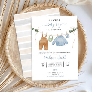 Invitation Sweet Boho Neutral Clothesline Baby shower garçon