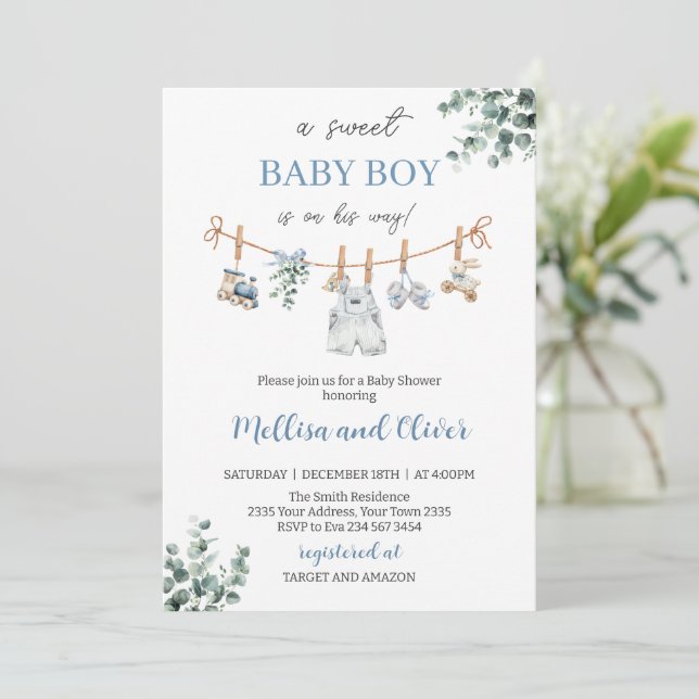 Invitation Sweet Boho Neutral Clothesline Boy Baby Shower (Debout devant)