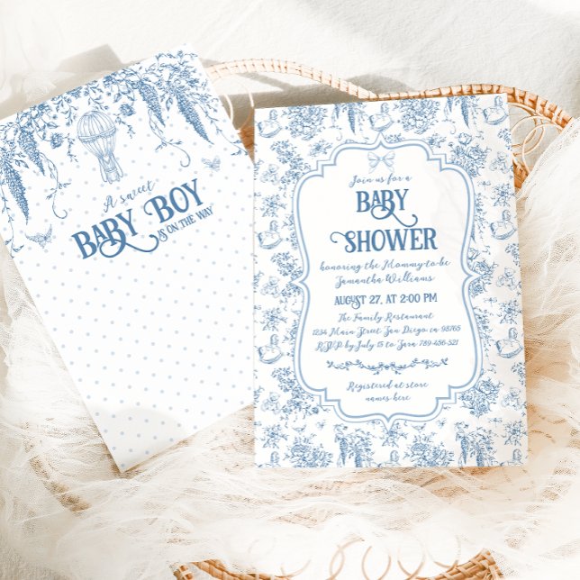 Invitation Sweet Boy Dusty Blue Whimsical Baby shower floral (Créateur téléchargé)