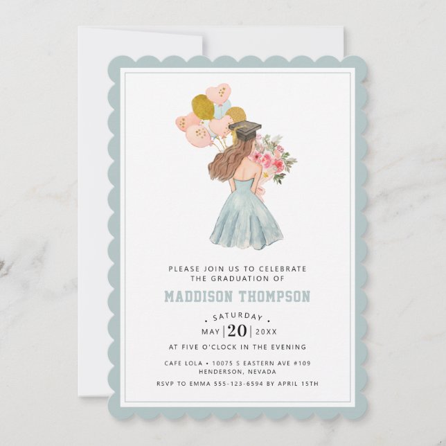 Invitation Sweet Brunette Girl Aquarelle Graduation (Devant)