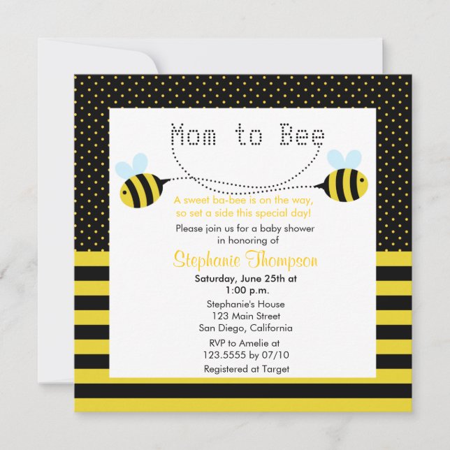 Invitation Sweet Bumble Bee Mommy to Bee Baby shower Invitati (Devant)