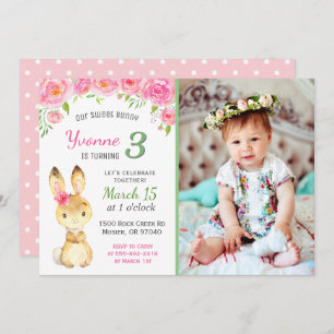 Invitation Sweet Bunny Floral Rose Girl Anniversaire Photo