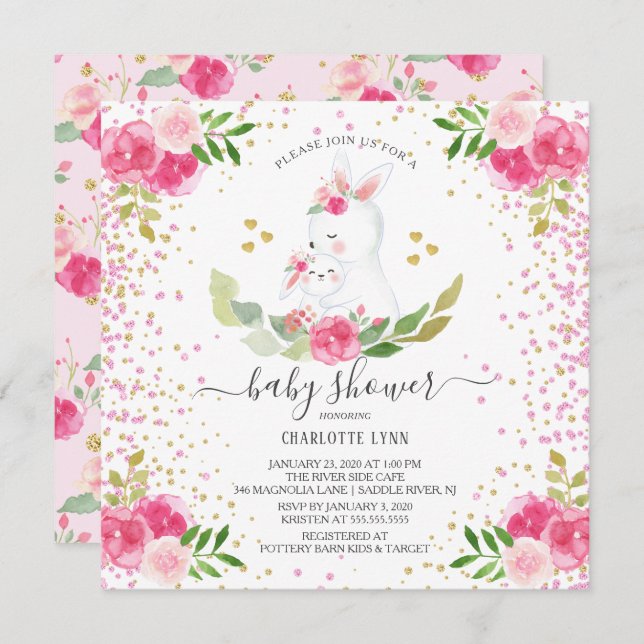 Invitation Sweet Bunny Girls Baby shower (Devant / Derrière)