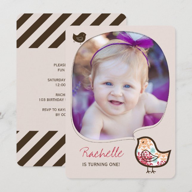 Invitation Sweet Candy Damask Chick Girl 1er anniversaire Inv (Devant / Derrière)