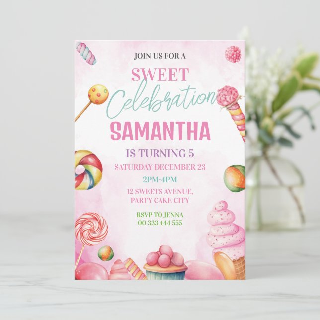 Invitation Sweet Candy fille d'anniversaire (Debout devant)