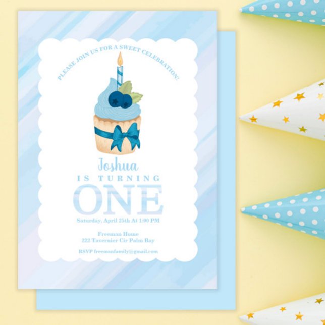 Invitation Sweet Celebration Blue Cupcake 1er anniversaire fê (Créateur téléchargé)