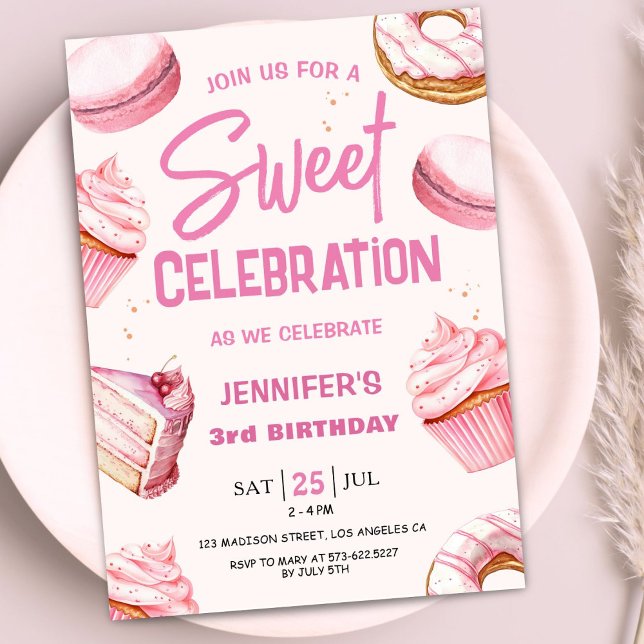 Invitation Sweet Celebration Donuts Rose Girl 3e anniversaire (Créateur téléchargé)