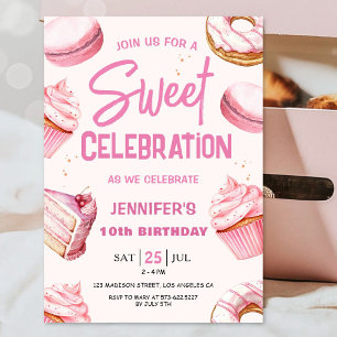 Invitation Sweet Celebration Pink Donuts Fille 10e anniversai