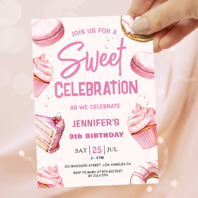 Invitation Sweet Celebration Pink Donuts Fille 9e anniversair (Créateur téléchargé)