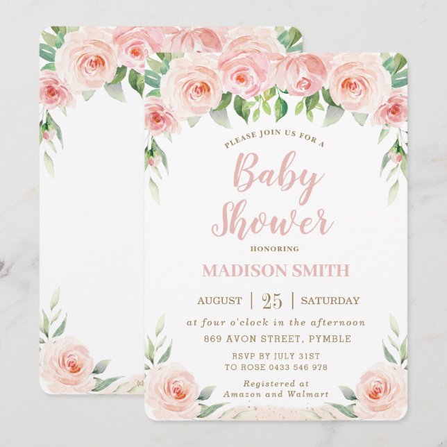 Invitation Sweet Chic Blush Rose Baby shower Floral Vert (Devant / Derrière)