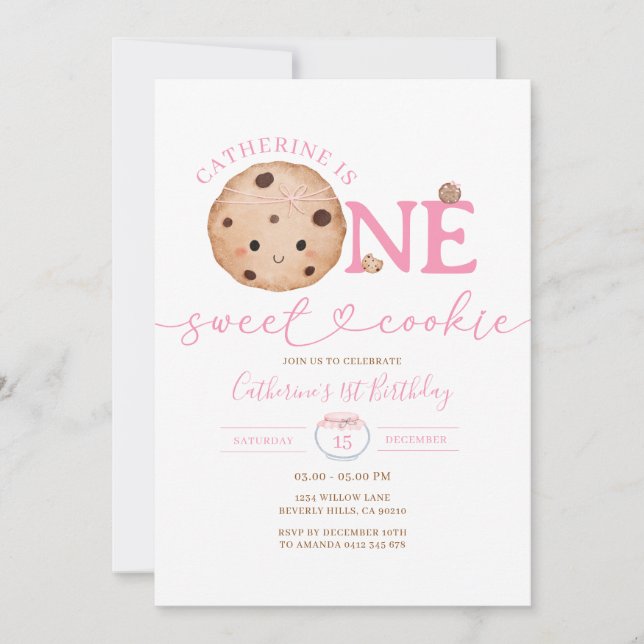 Invitation Sweet Cookie Girl Premier Anniversaire Rose En vic (Devant)