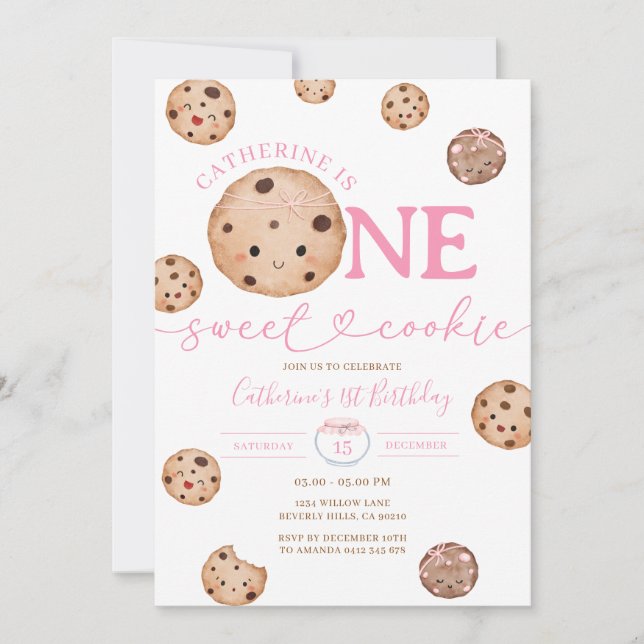 Invitation Sweet Cookie Girl Premier Anniversaire Rose En vic (Devant)