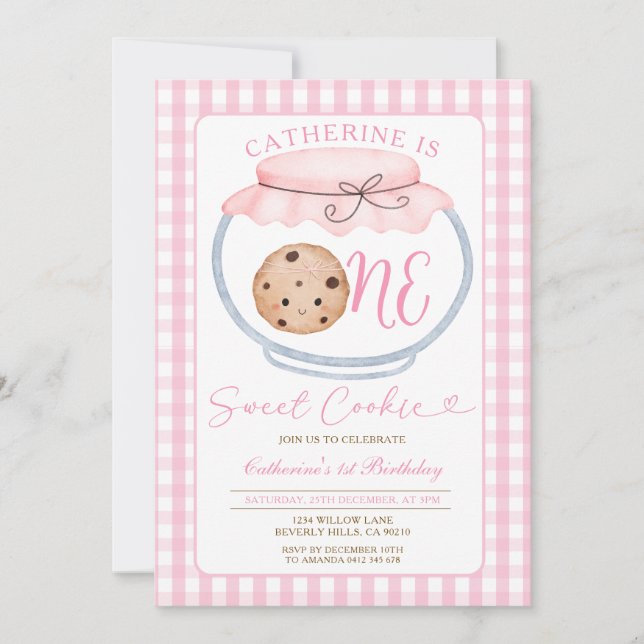 Invitation Sweet Cookie Girl Premier Anniversaire Rose En vic (Devant)