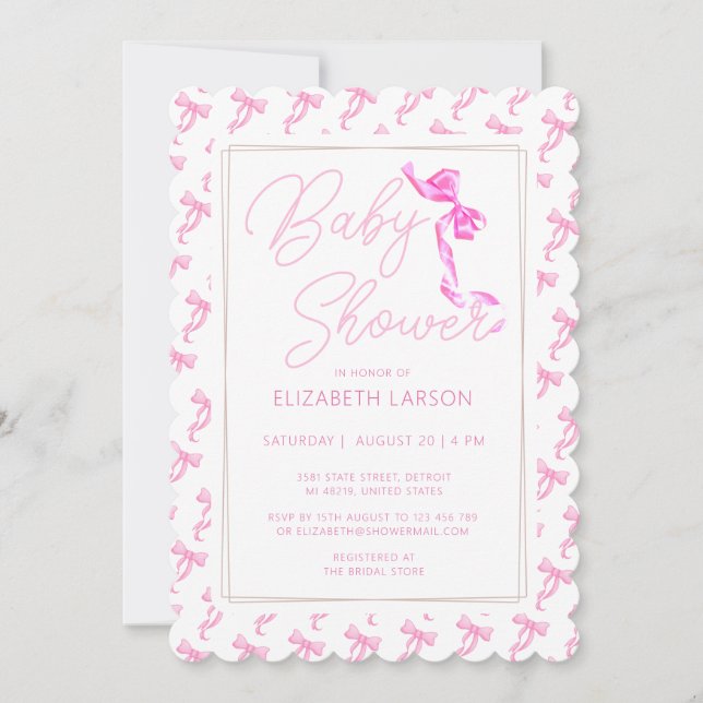 Invitation Sweet Coquette Cravate Bow rose Élégant Baby showe (Devant)