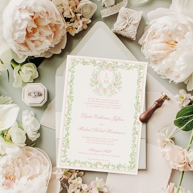 Invitation Sweet Crest avec nœud rose blush | Mariage monogra (Envelope shown is not the envelope style included, which has a square flap.)