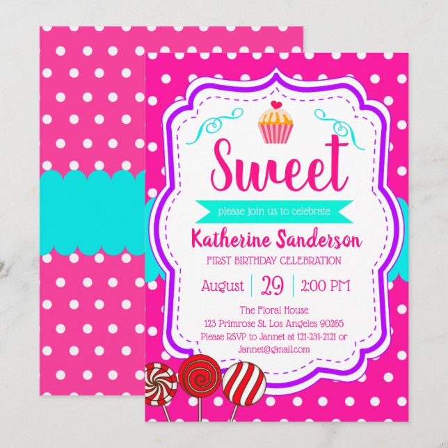 Invitation Sweet Cupcake Baby Sprinkle Candy shoppe Anniversa (Devant / Derrière)