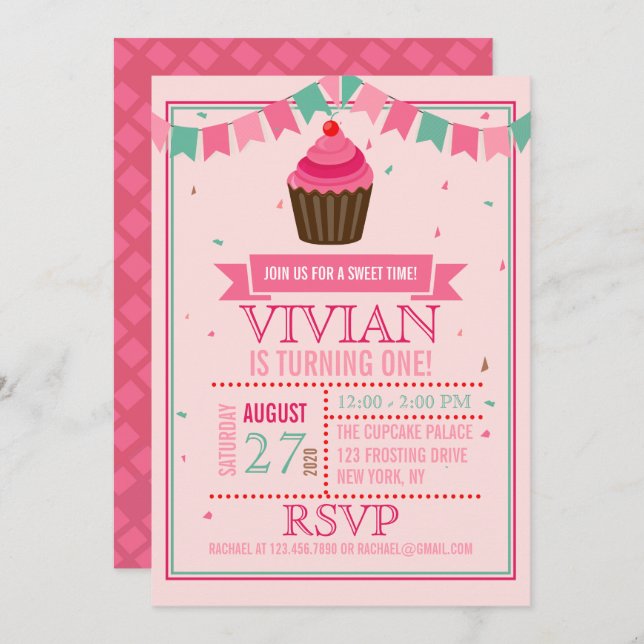 Invitation Sweet Cupcake rose et vert/fête d'anniversaire (Devant / Derrière)