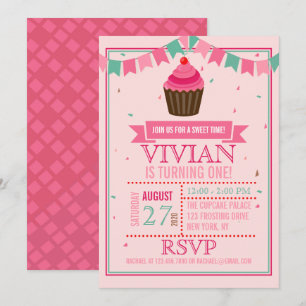 Invitation Sweet Cupcake rose et vert/fête d'anniversaire