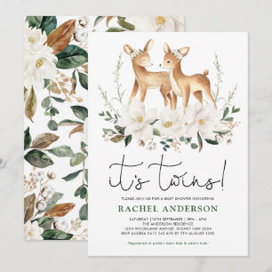 Invitation Sweet Deer Twins Baby shower ivoire Floral verdure