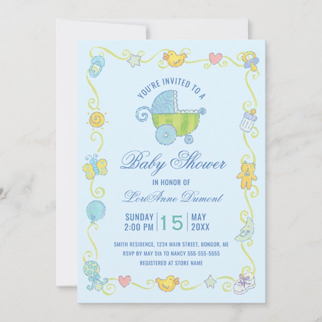 Invitation Sweet Dreams Carriage Baby shower bleu (Devant)