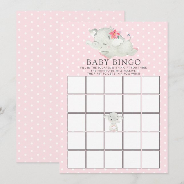Invitation Sweet Elephant BINGO Baby shower Jeu (Devant / Derrière)