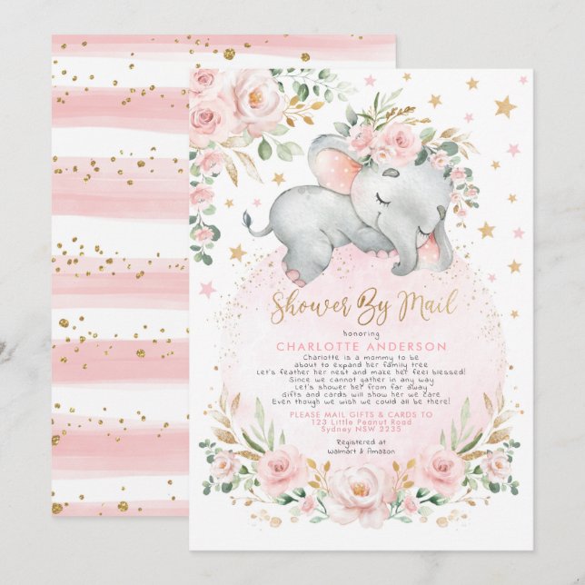 Invitation Sweet Elephant Blush Gold Baby shower par courrier (Devant / Derrière)