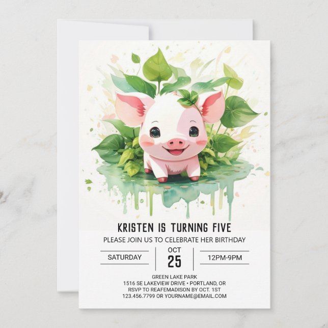Invitation Sweet Farmyard Friends Boho Pig Girl Anniversaire (Devant)