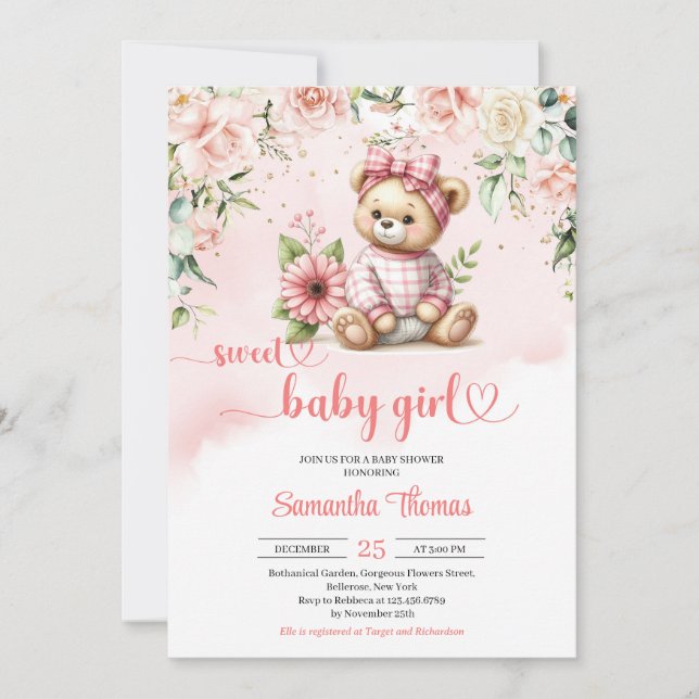 Invitation Sweet fille ours en peluche avec baby shower de fl (Devant)