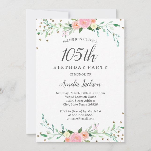 Invitation Sweet Floral Sparkle Confetti 105e fête d'annivers (Devant)