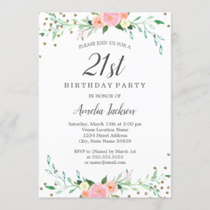 Invitation Sweet Floral Sparkle Confetti 21e fête d'anniversa