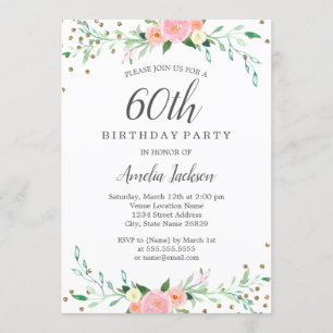 Invitation Sweet Floral Sparkle Confetti 60e fête d'anniversa