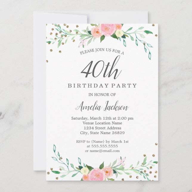 Invitation Sweet Floral Sparkle Confetti fête de 40e annivers (Devant)