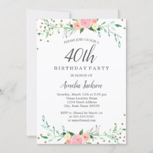 Invitation Sweet Floral Sparkle Confetti fête de 40e annivers
