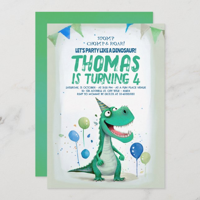 Invitation Sweet Fun Dinosaur Bleu et Vert Anniversaire (Devant / Derrière)