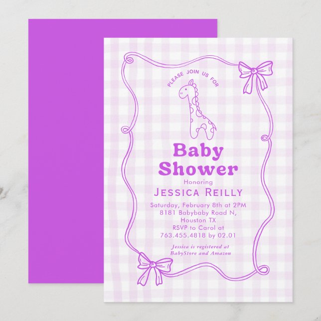 Invitation Sweet Giraffe Plaid Bow Elegant Baby Shower (Devant / Derrière)