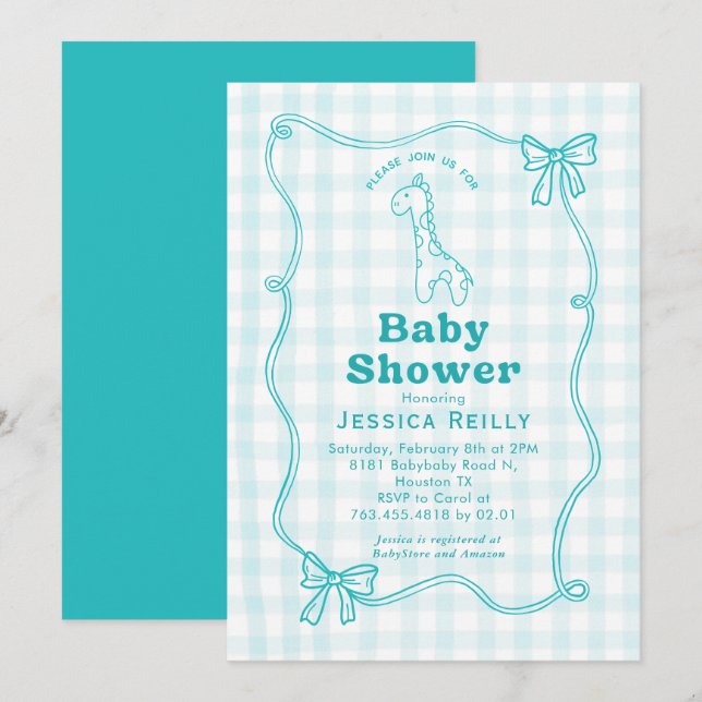 Invitation Sweet Giraffe Plaid Bow Élégant Baby shower (Devant / Derrière)