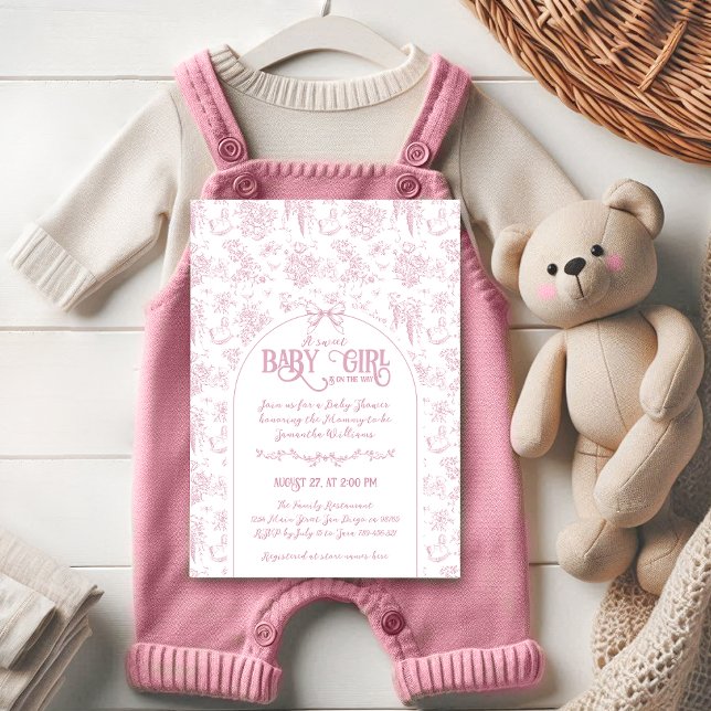 Invitation Sweet Girl Bow rose Whimsical Baby shower floral (Créateur téléchargé)