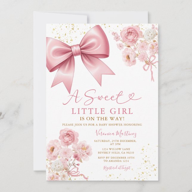 Invitation Sweet Girl Pink Bow Coquette Baby Shower Floral (Devant)