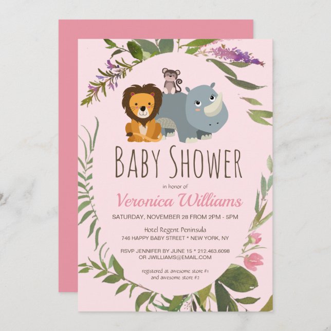Invitation Sweet Girls Jungle Safari Animaux Baby shower rose (Devant / Derrière)