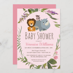 Invitation Sweet Girls Jungle Safari Animaux Baby shower rose