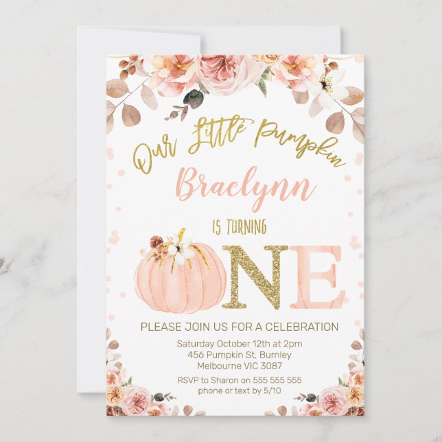 Invitation Sweet Girls Rustic Fall Citrouille 1er anniversair (Devant)